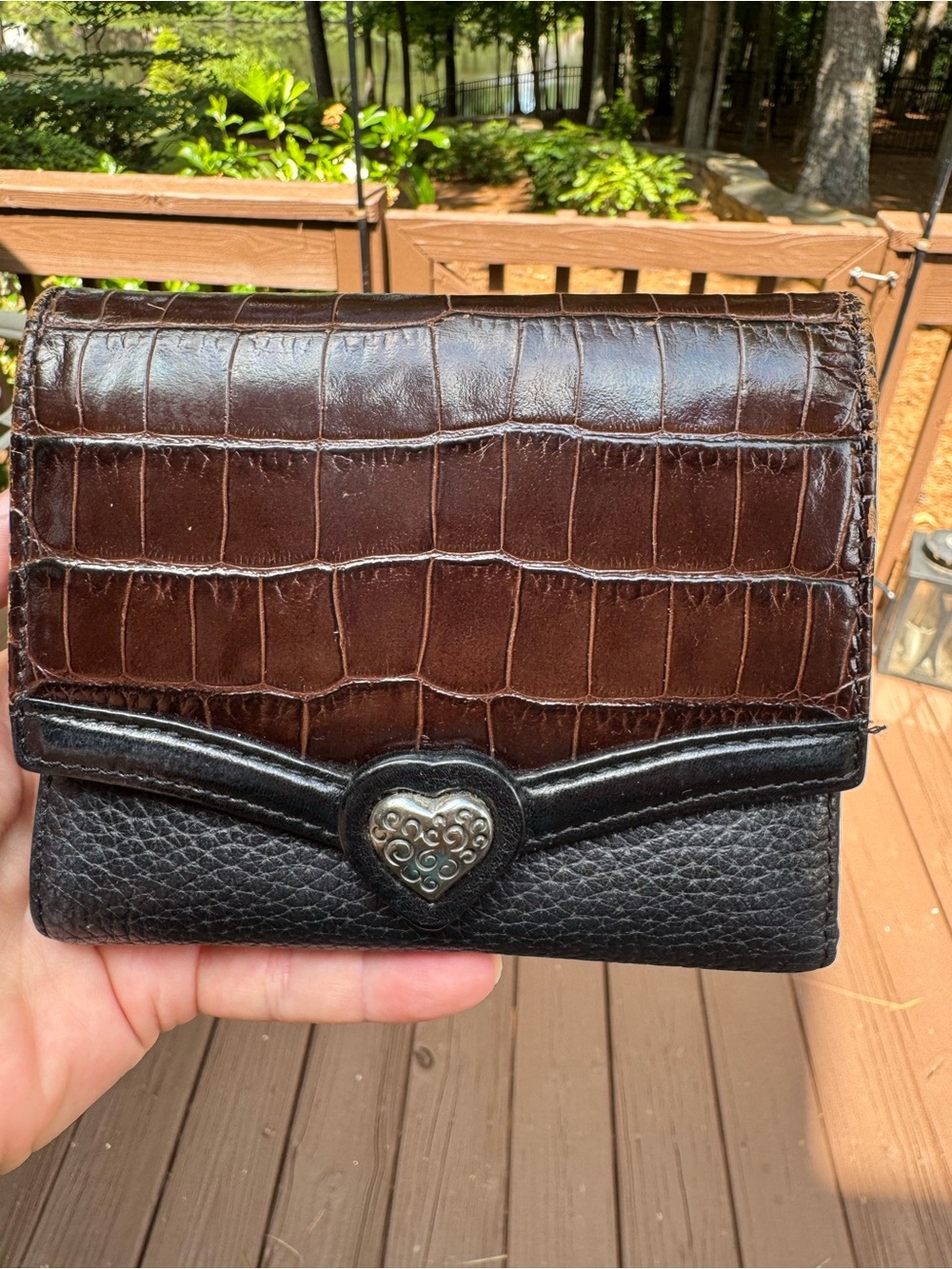 Brighton Brown Croc-Embossed & Black Leather Wallet with Heart Accent